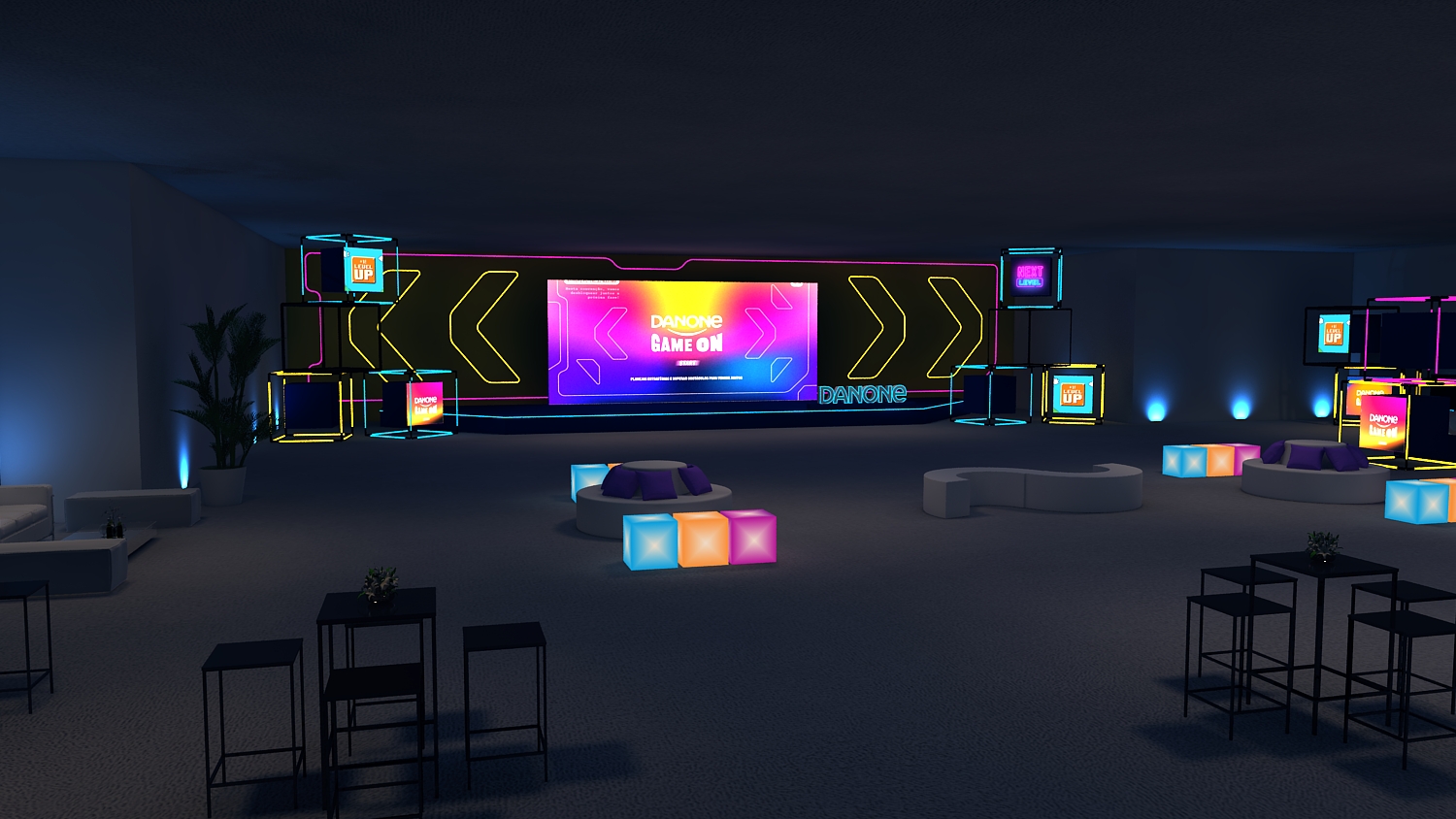 Espaço gourmet do evento Danone, Tauá Hotel, com visualização 3D detalhada dos stands de comida.