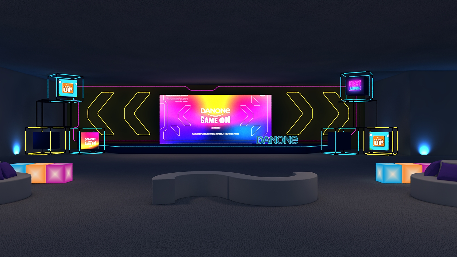 Espaço gourmet do evento Danone, Tauá Hotel, com visualização 3D detalhada dos stands de comida.