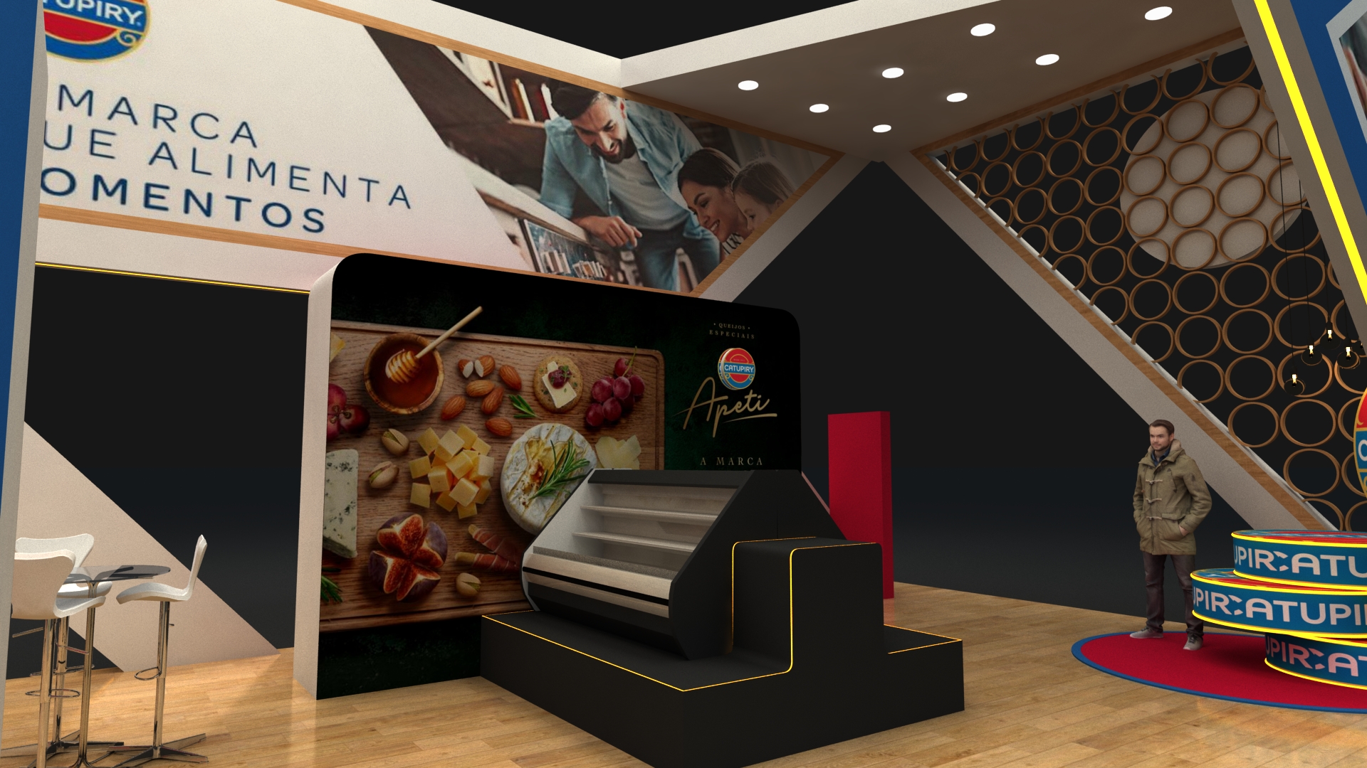 Estrutura em 3D do stand Catupiry com foco em produtos