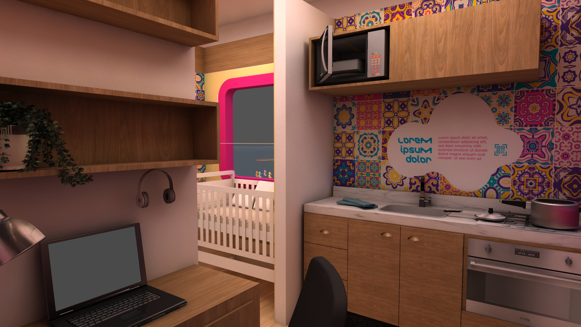 Interior do stand Merck com design planejado.