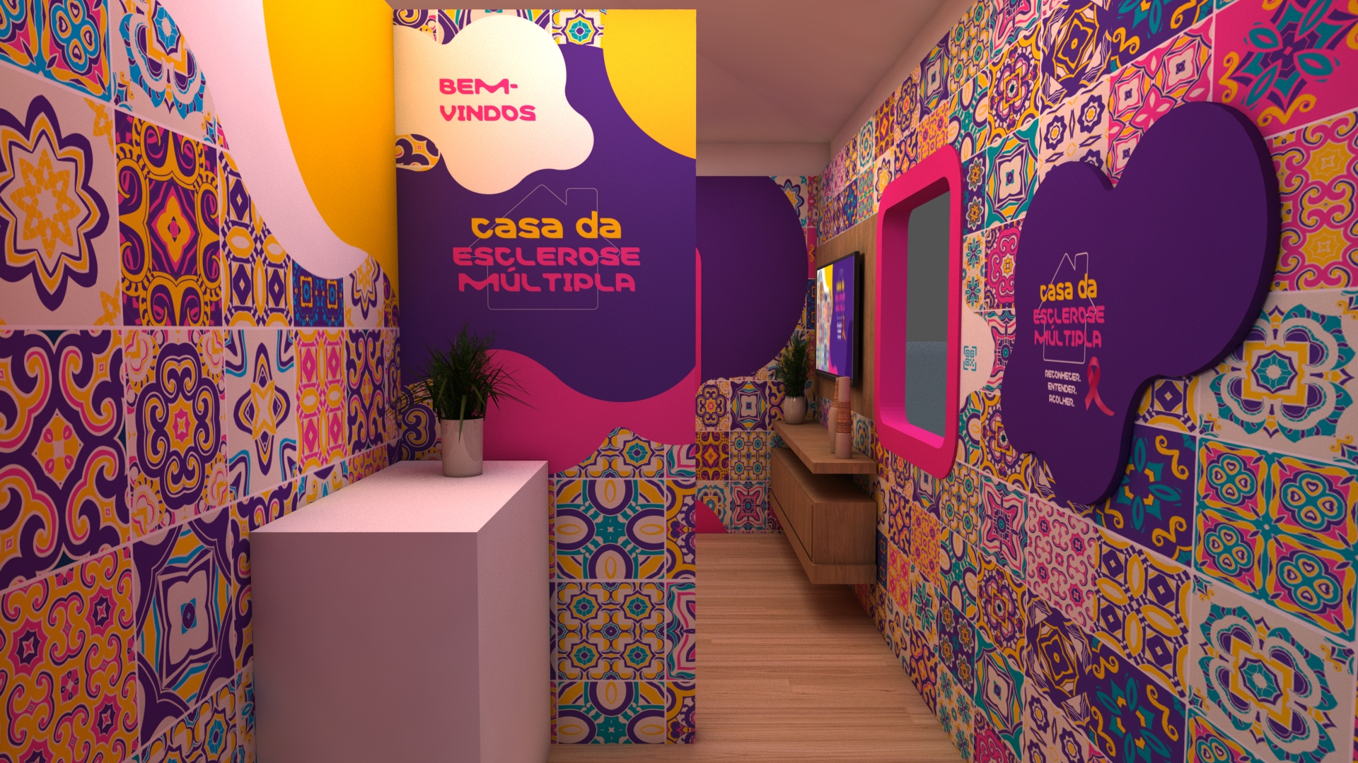 Interior do stand Merck com design planejado.