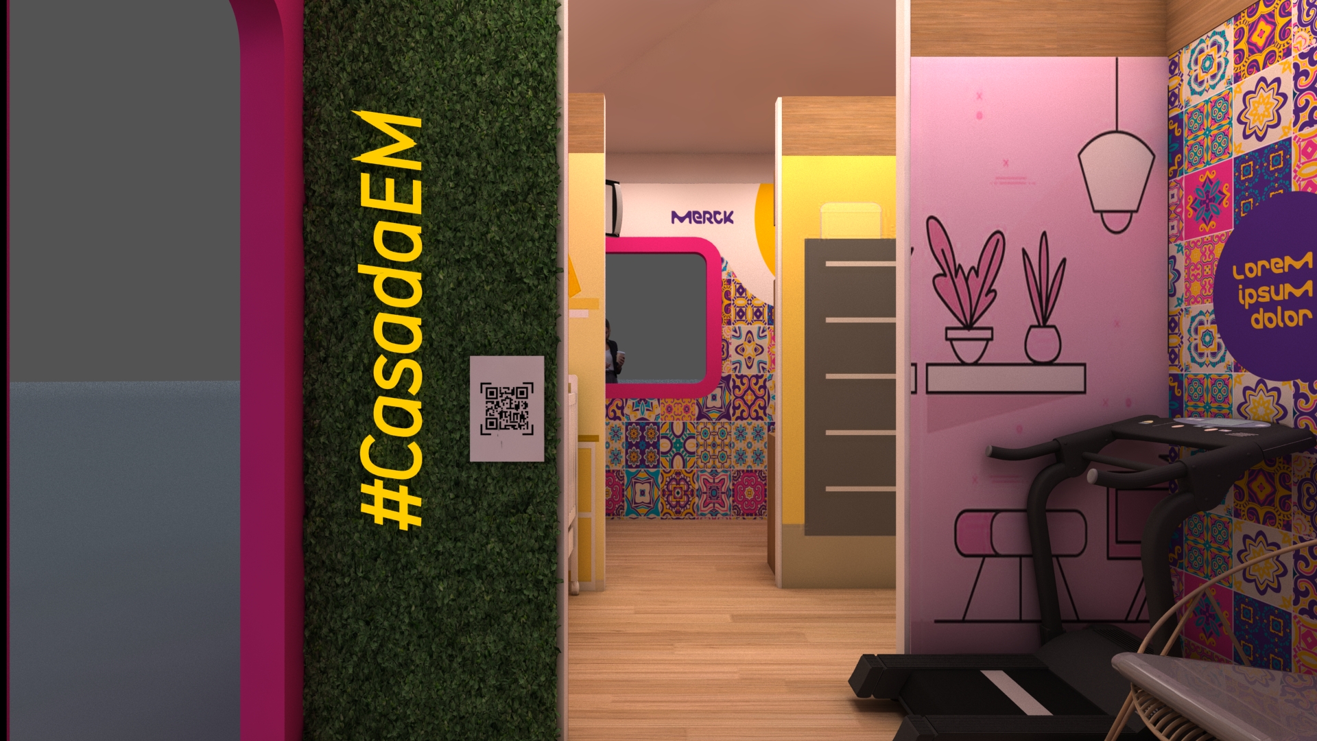 Interior do stand Merck com design planejado.