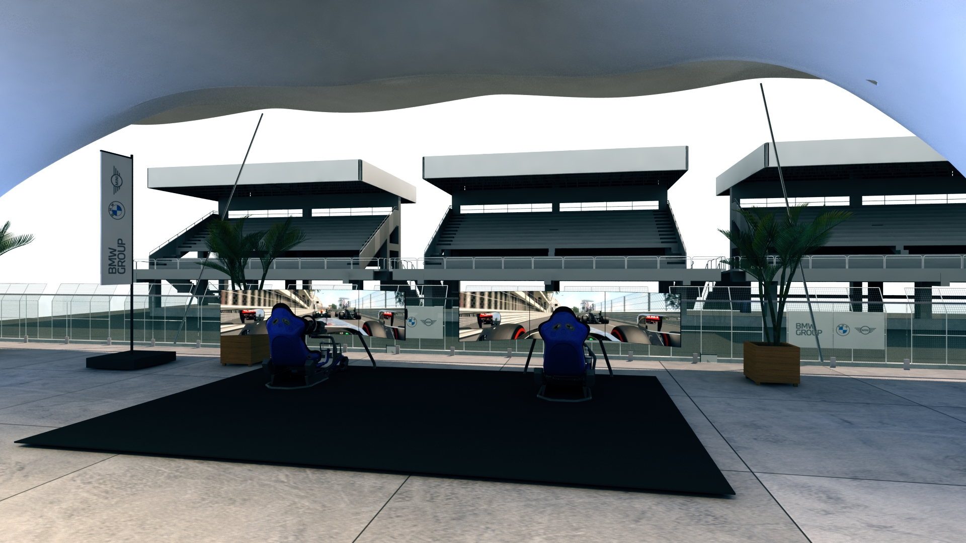 Layout 3D completo do evento BMW, com áreas de recepção e test drive