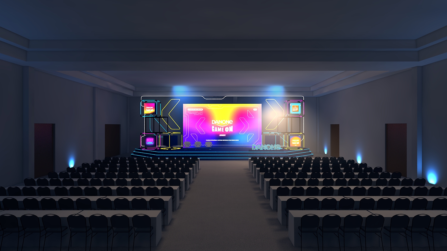Layout do evento Danone no Tauá Hotel, representado em visualização 3D, com várias salas de atividades.