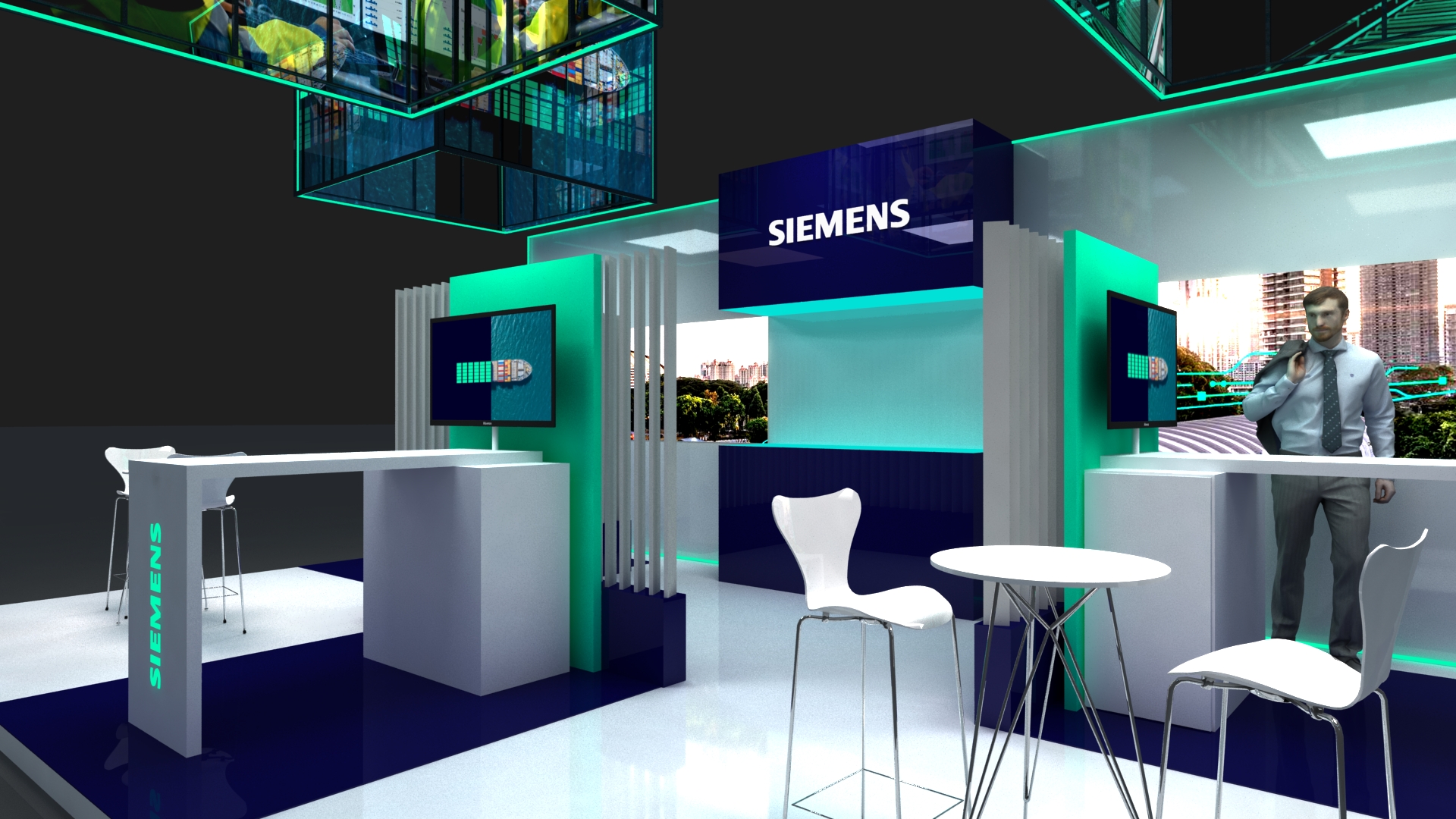 Maquete digital do stand Siemens para evento de logística