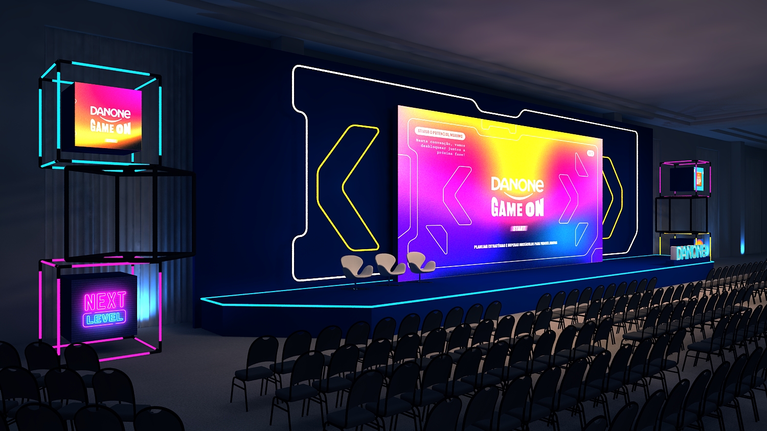 Palco tech do evento Danone com visualização 3D detalhada, destacando a tecnologia do palco.