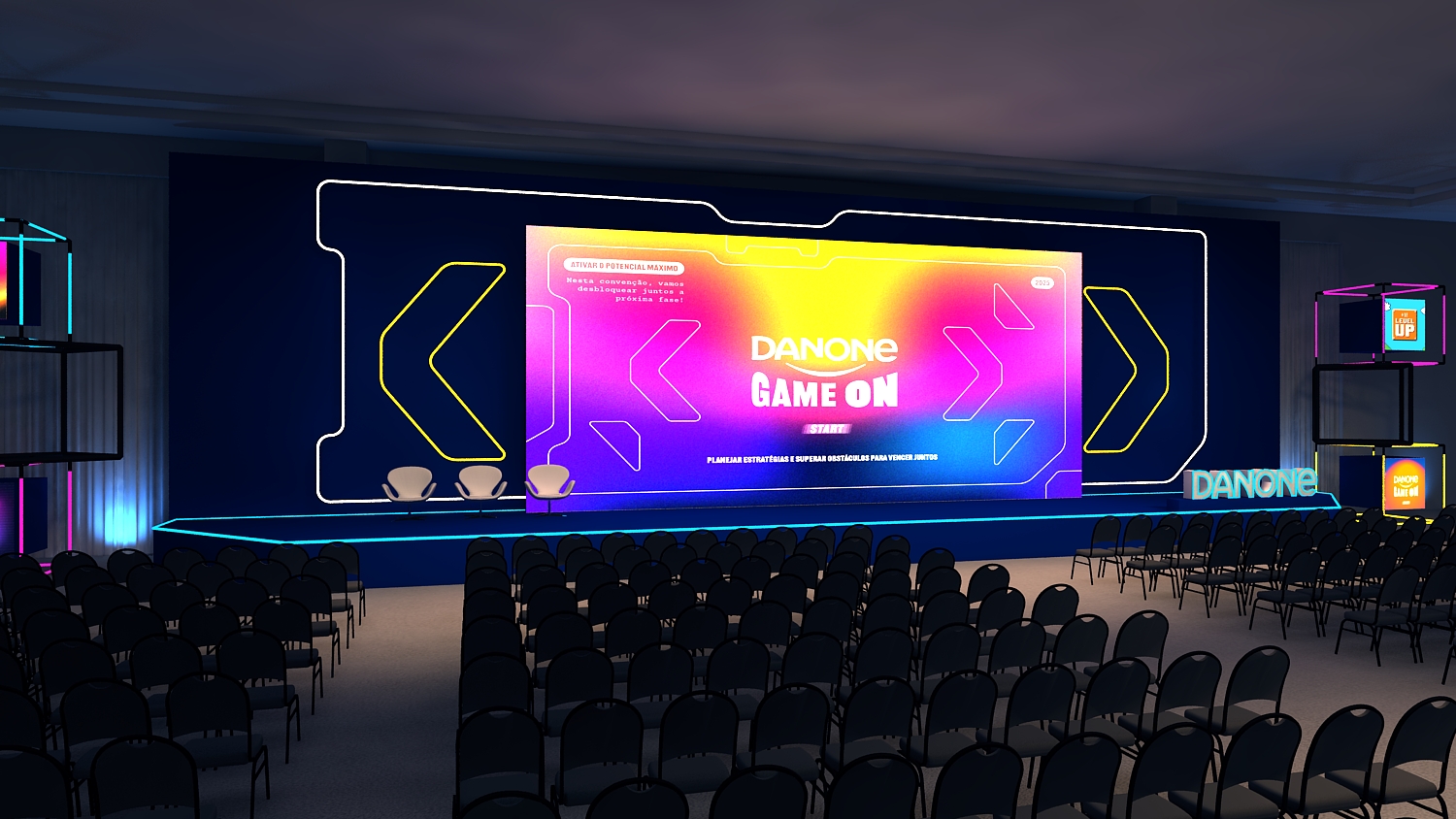 Plenária do evento Danone com visualização 3D no Tauá Hotel, mostrando palco e assentos.