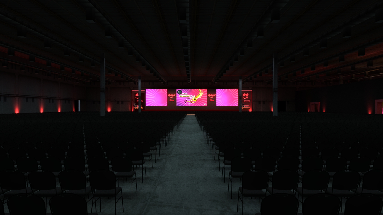 Palco do evento iFood criado com renderização 3D