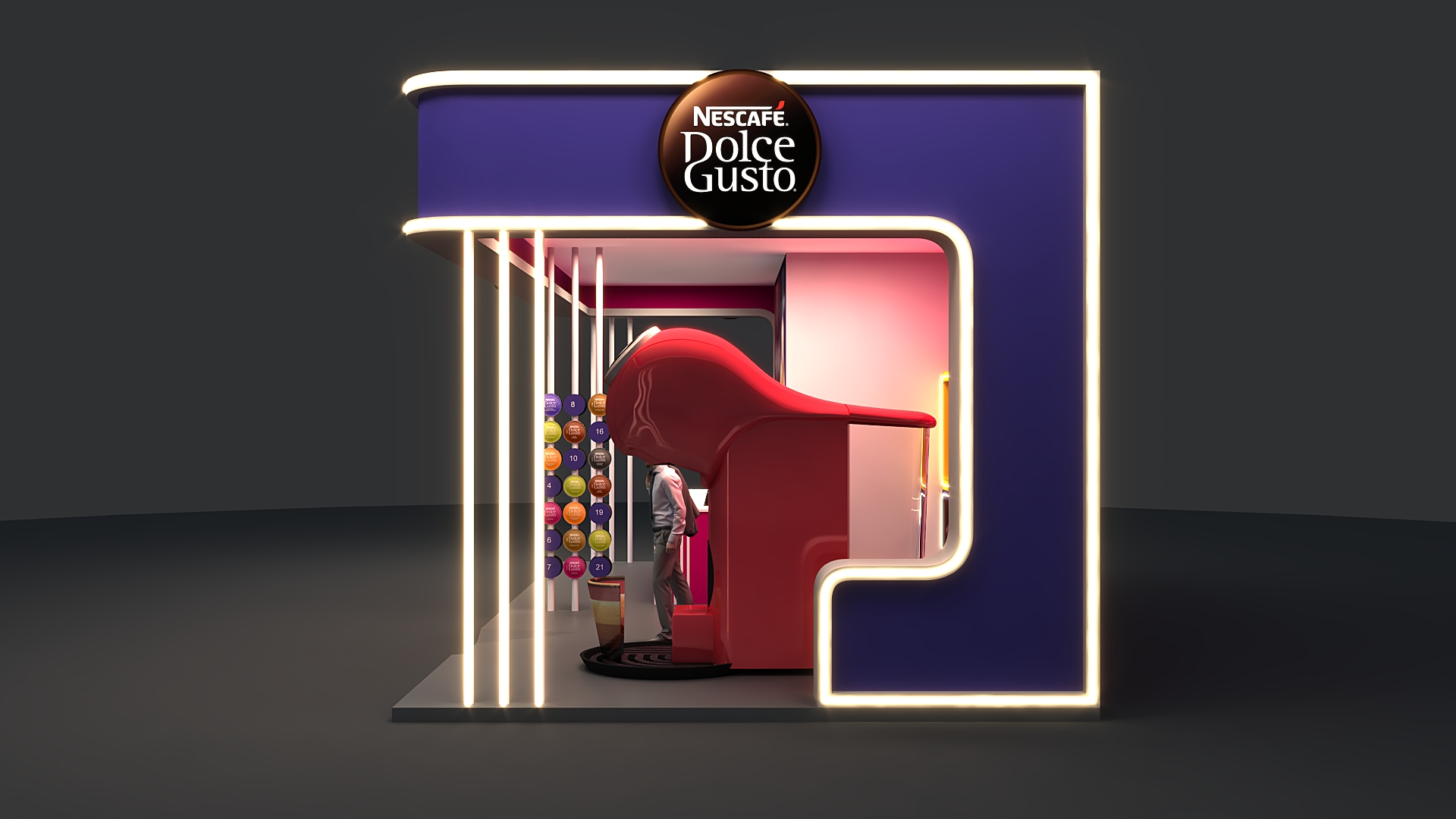 Modelagem tridimensional de stand promocional da Dolce Gusto.