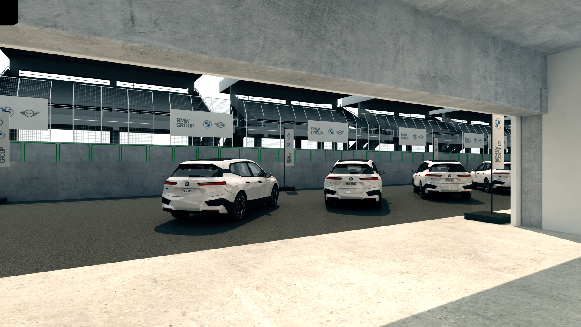 Renderização 3D de evento corporativo da BMW com ambientação visual