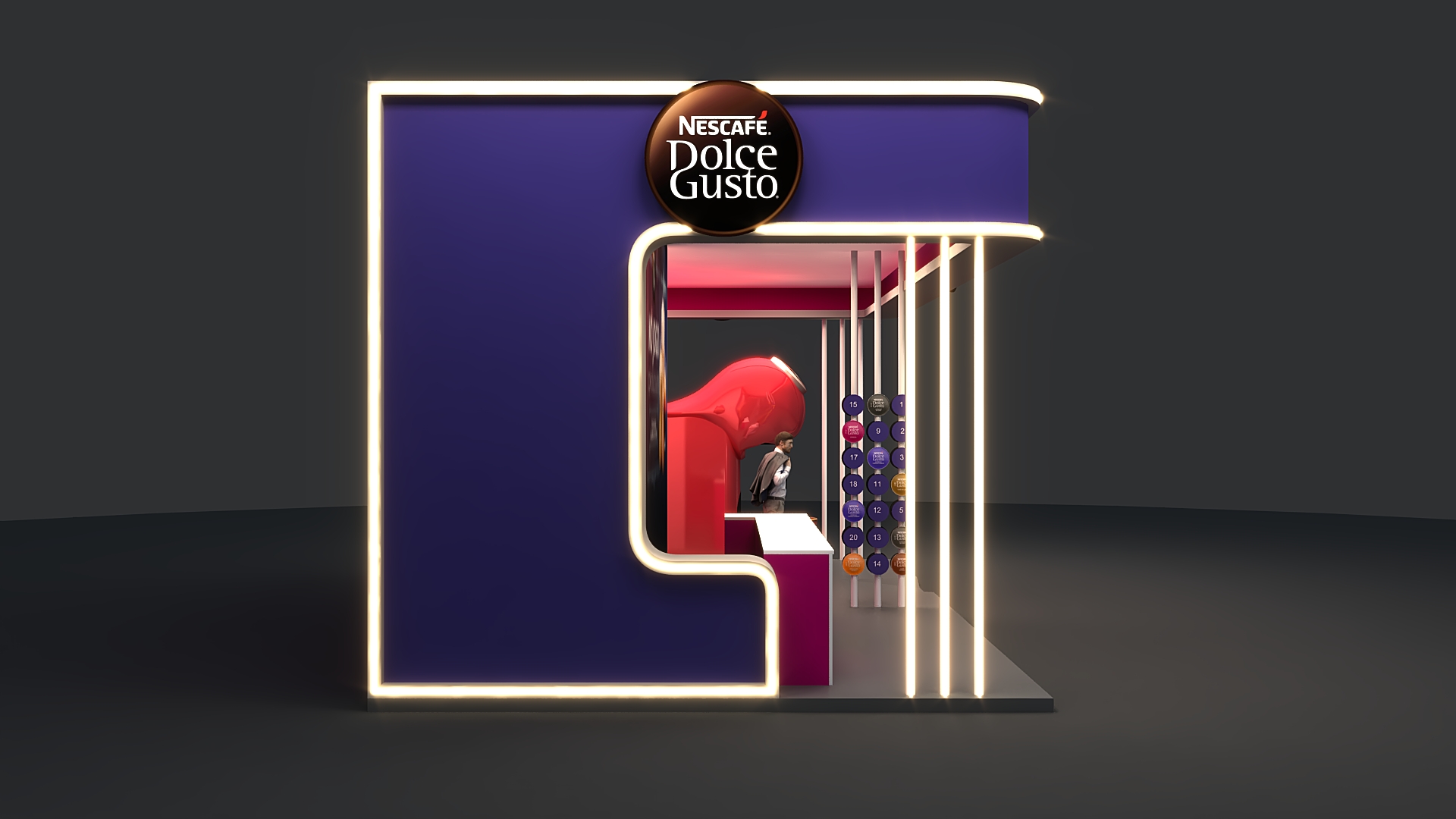 Visualização geral do stand da Dolce Gusto em modelo 3D criado para eventos.