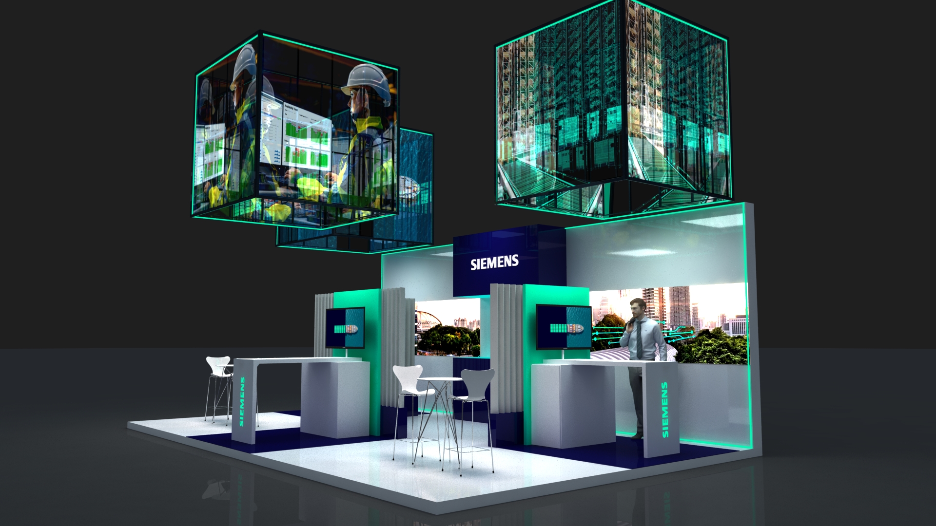 Render 3D do stand Siemens com ambientação de feira
