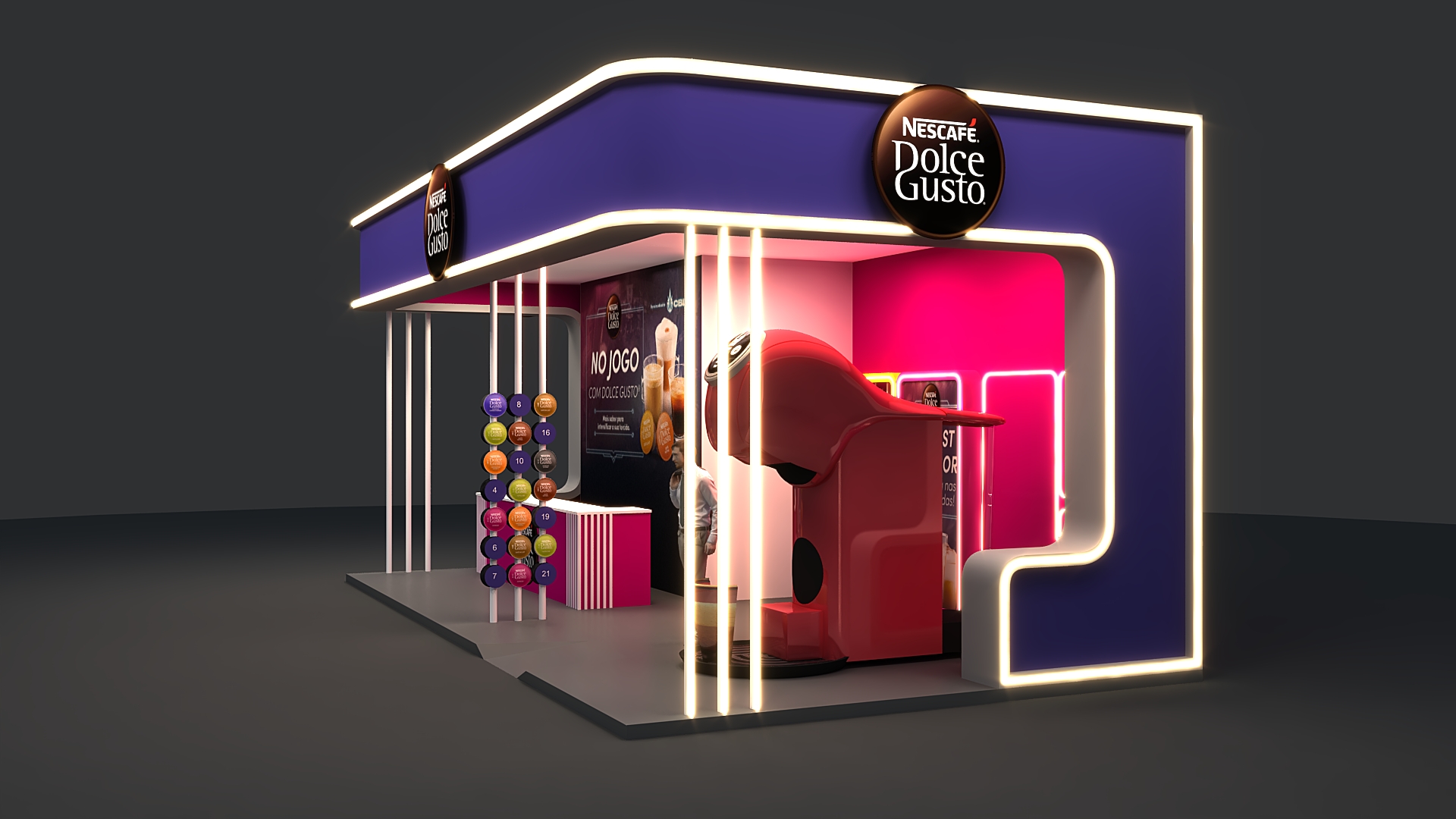 Maquete digital do stand da Dolce Gusto com foco em branding e degustação.