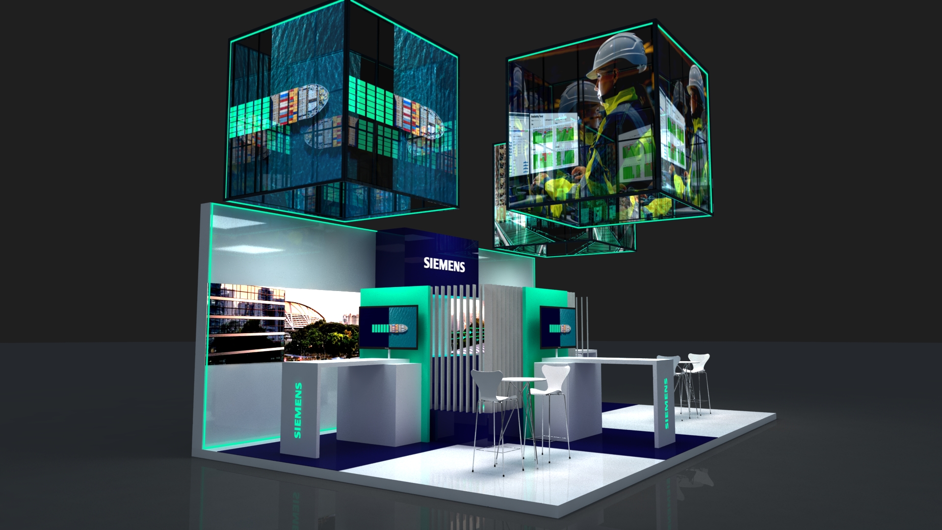 Visualização 3D de stand corporativo para a Siemens