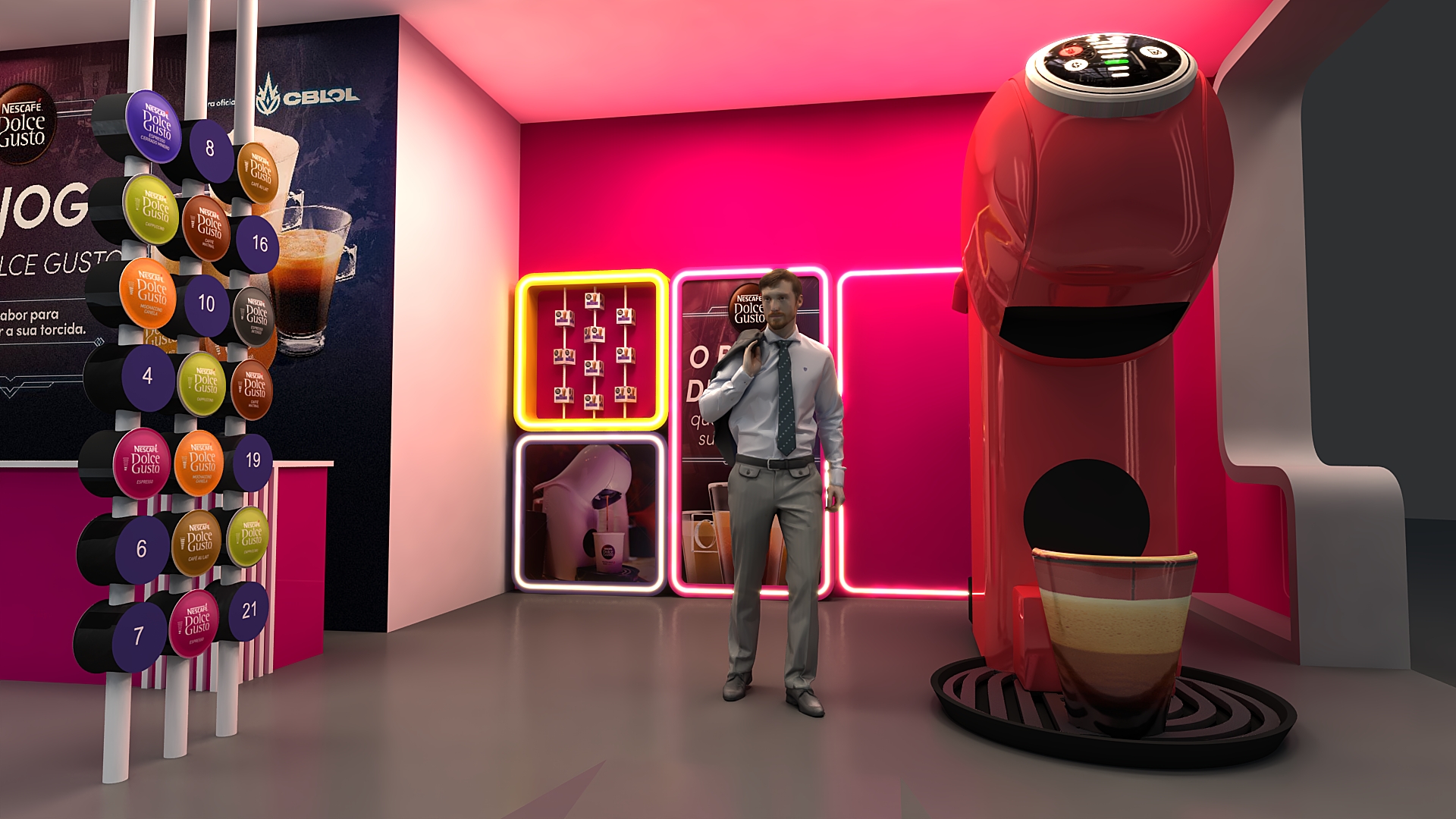 Modelagem 3D do stand da Dolce Gusto com estrutura voltada para eventos.