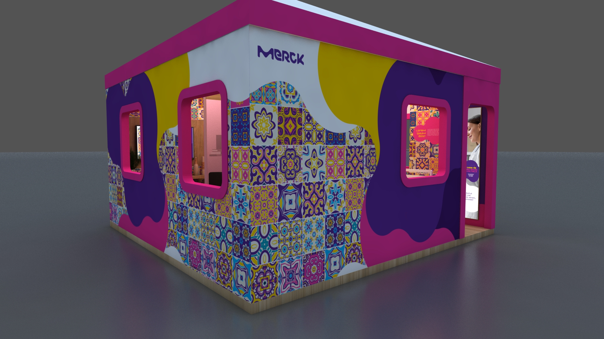 Fachada do stand da Merck com design moderno.