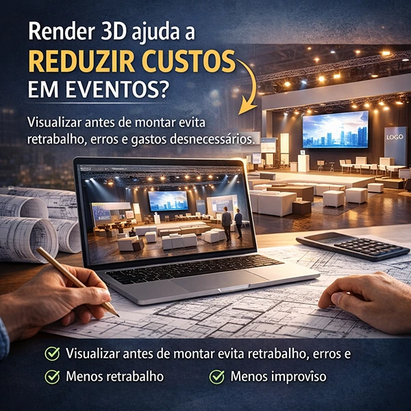 render 3d ajuda a reduzir custos em eventos visualizar antes de montar evita retrabalho , erros , gastos desnecessarios